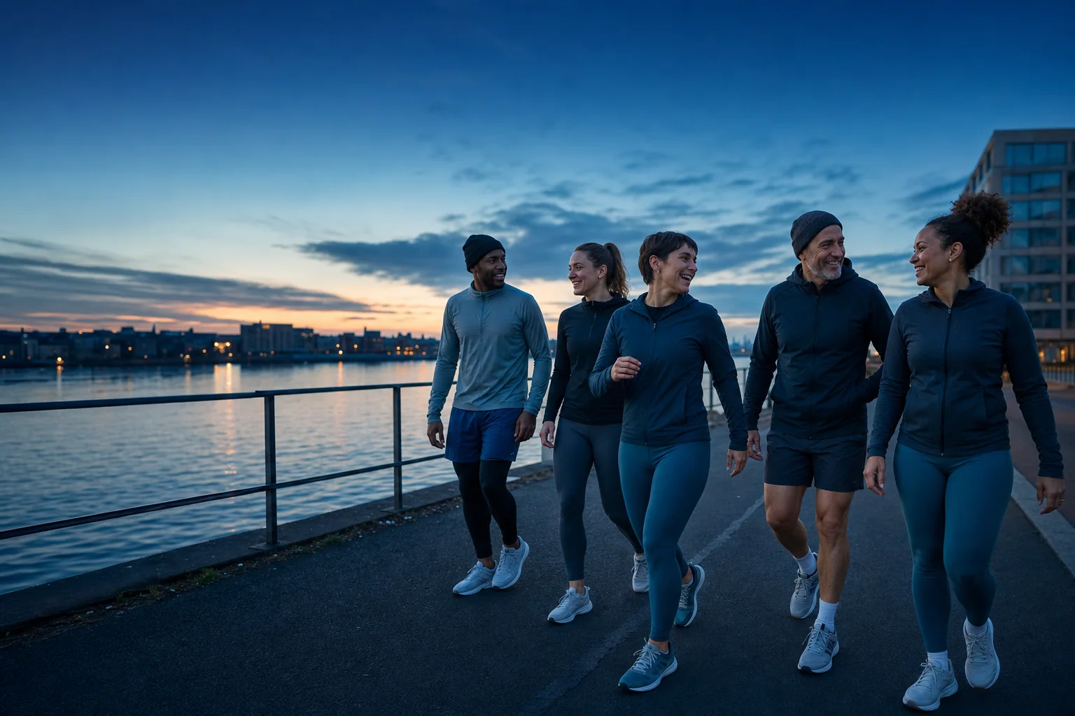 A group running together outdoors at dawn