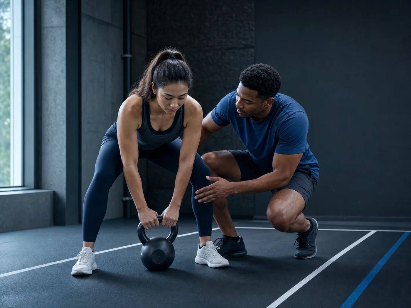 Two people training together in a gym